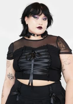 The Grave Girls Plus Cemetery Gates Lace Up Crop Top Tops
