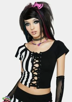 The Grave Girls Dark Drop A Heart Two Tone Top Lace-Up Crop Top